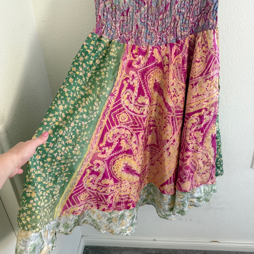 Boho 100% silk multicolor patchwork midi smocked … - image 3